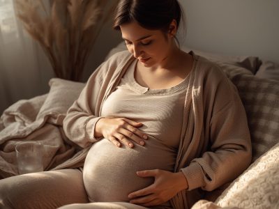 lucid origin a pregnant woman gently holding her belly sitting 2